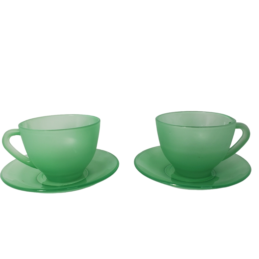 MCM Firna Indonensia Green Frosted Cups and Saucers Set of 2 Vintage